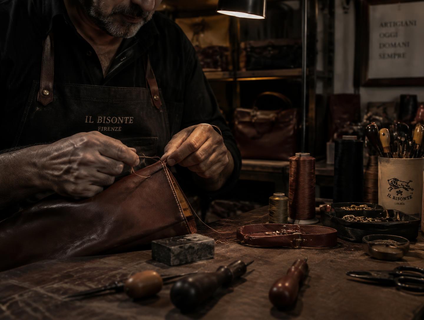 Artisan hand-stitching leather at a workbench